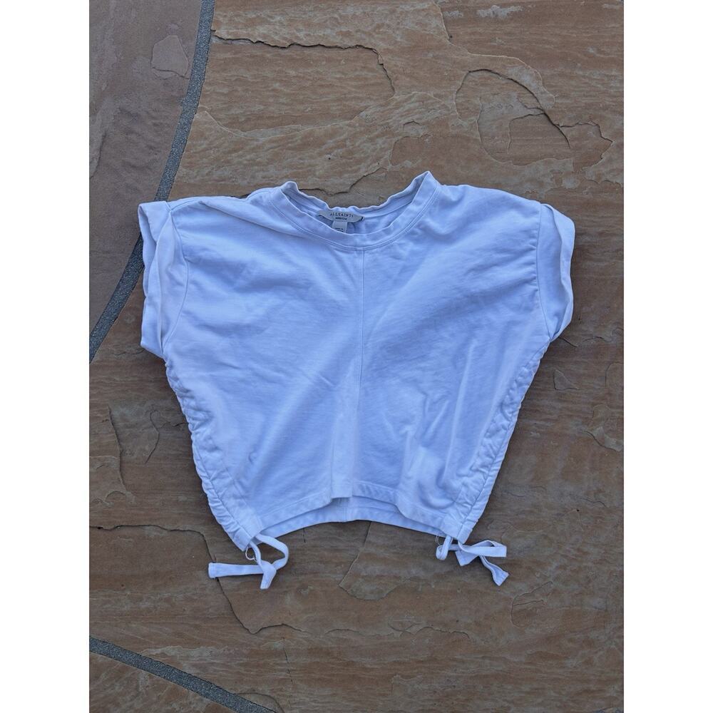 AllSaints Crop T Shirt Top Womens Medium White Mira Cuffed Ruched Drawstring